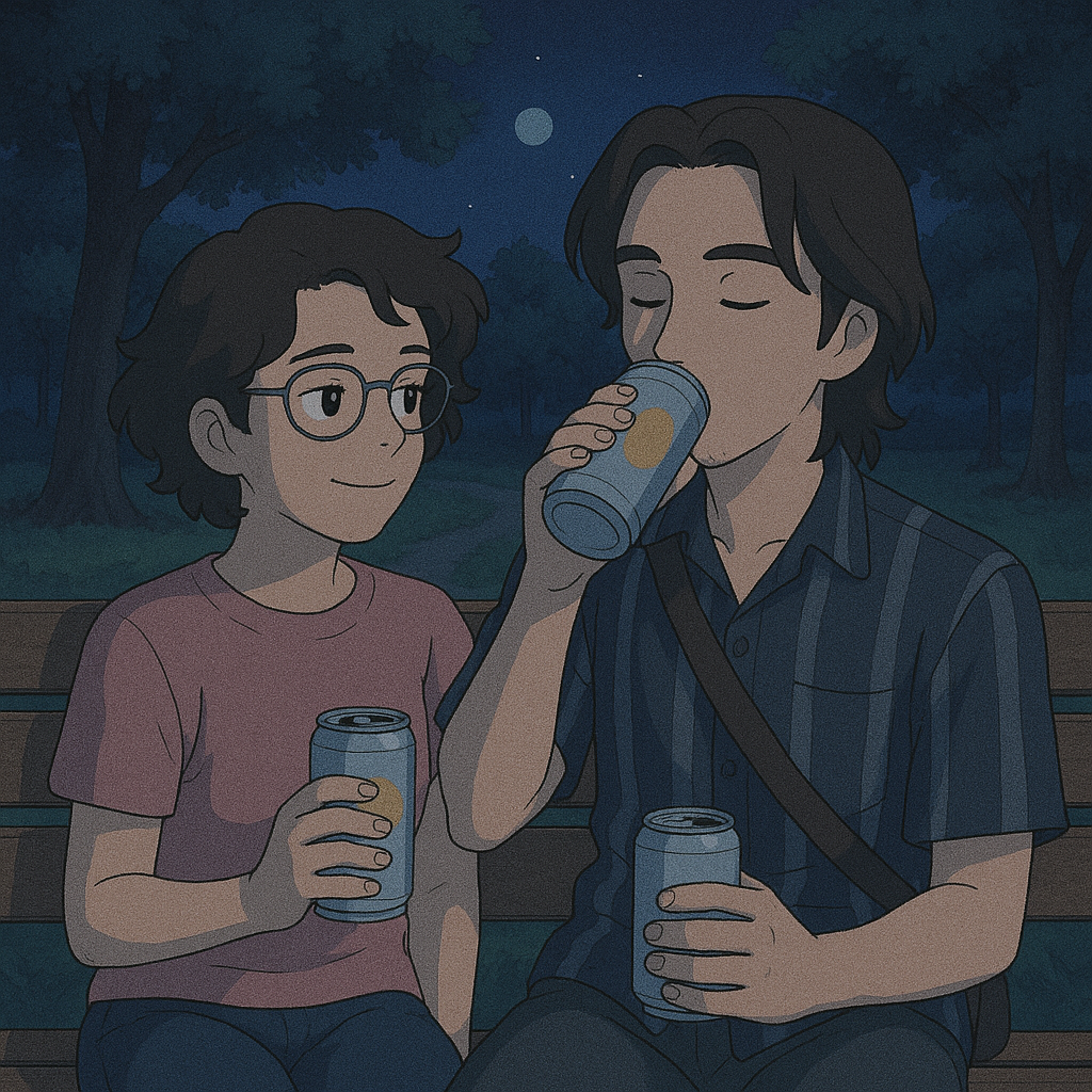The couple sitting on a park bench at night, drinking beer